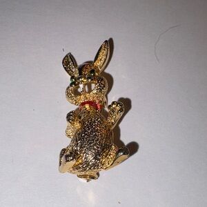Vintage Gold Tone Bunny Brooch with Red and Green Accents